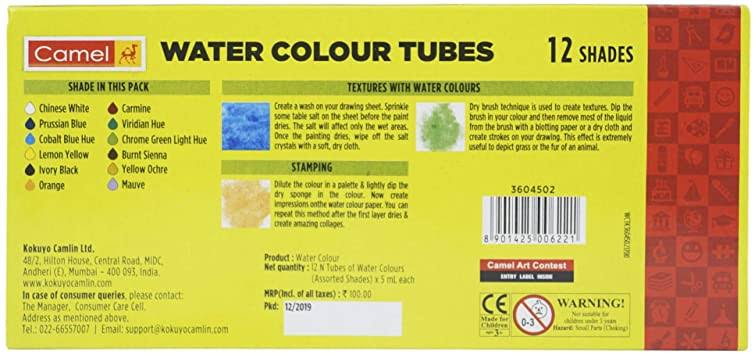 Camel Student Water Color Tube - 5Ml Each, 12 Shades